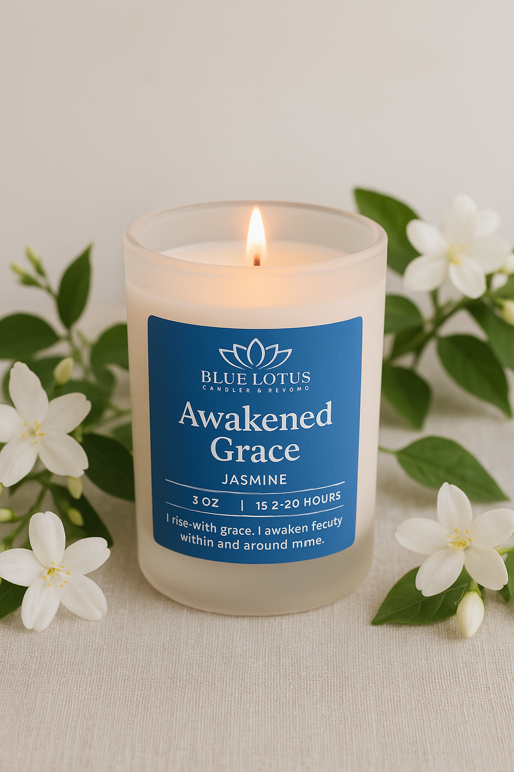 Awakened Grace Jasmine Candle – 3 oz Coconut-Soy Wax with Wood, Cotton or Hemp Wicks