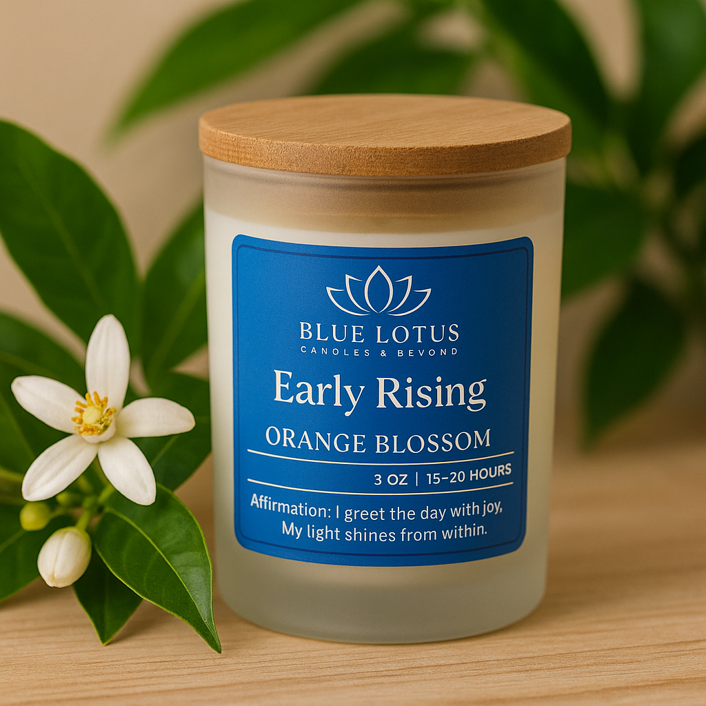 Early Rising Orange Blossom Candle – 3 oz Coconut-Soy Wax with Natural Wood, Cotton or Hemp Wicks